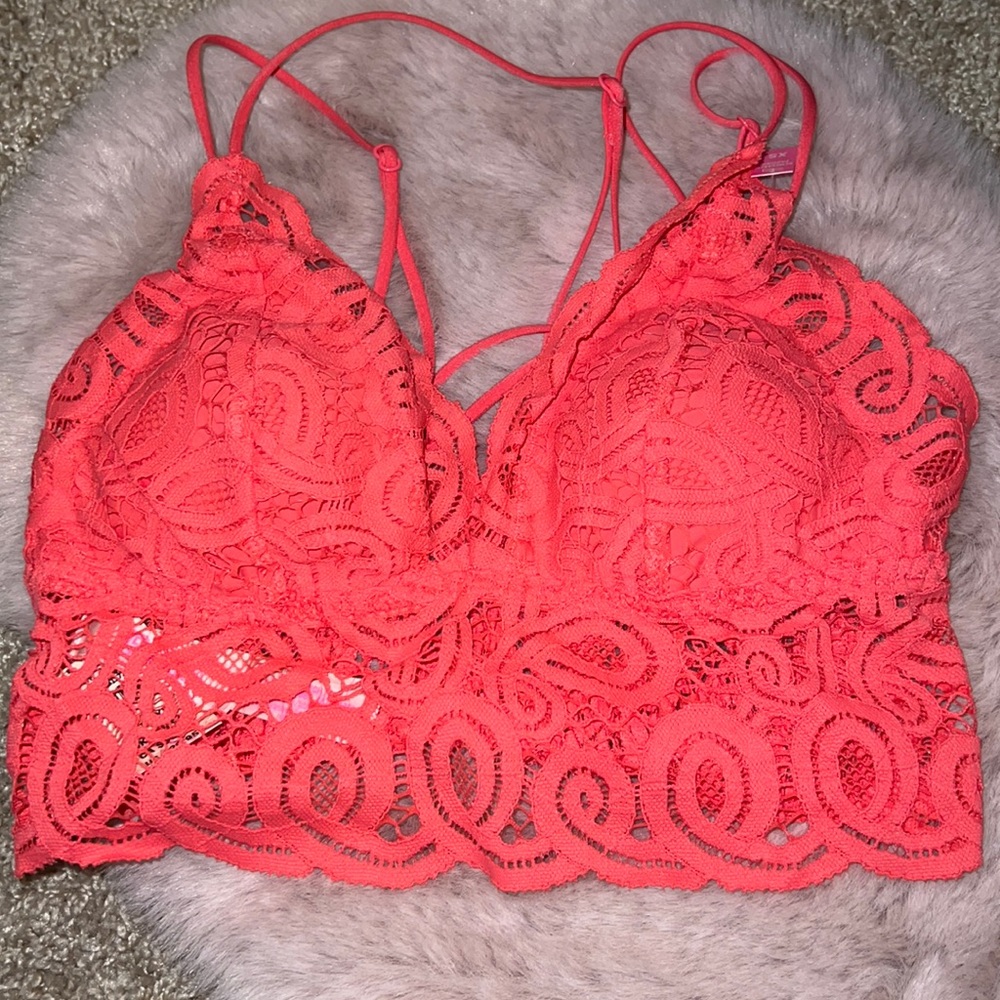 Victoria’s Secret PINK Neon Coral Lace Bralette w/ Matching Lace Thong